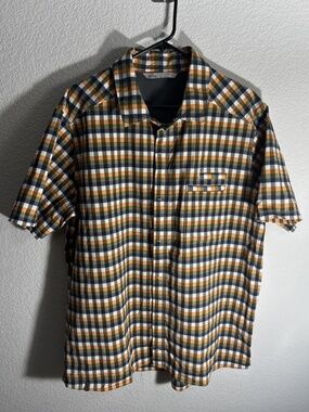 QOR Performance Stretch Plaid Check Snap Button Front SS Shirt XL Orange Black